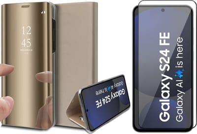 Hoesje geschikt voor Samsung Galaxy S24 FE - Screenprotector Volledig Dekkend Glas - Spiegel Book Case Goud