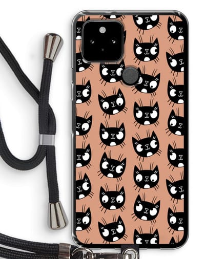 Case Company® - Hoesje met koord geschikt voor Google Pixel 5 hoesje met Koord - Kat - Telefoonhoesje met Zwart Koord - Bescherming aan alle Kanten en Over de Schermrand