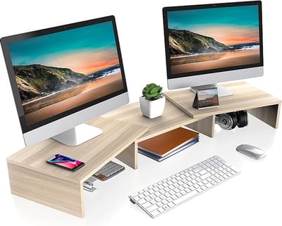 Famanu – Draaibare houten monitorverhoger, lengte verstelbaar 92–108 cm, stevig ontwerp met 25 kg draagvermogen