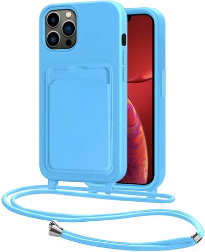 Hoes Geschikt voor iPhone 13 Pro Hoesje Pasjeshouder Cover Met Koord Case Siliconen Hoes Met Telefoonkoord en Kaarthouder - Lichtblauw