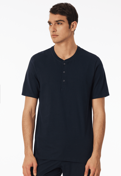 Schiesser Mix + Relax T-Shirt met korte mouw knoopsluiting- Heren Pyjamashirt - nachtblauw