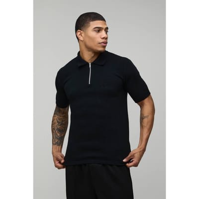 Essential Muscle Fit Soft Touch Knitted Polo T-Shirt | Black | Size XS