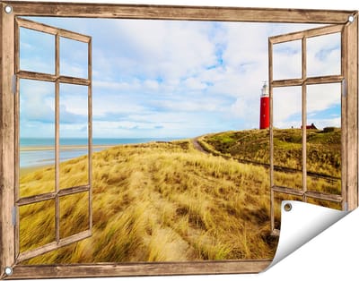 Gards Tuinposter Doorkijk Vuurtoren met Duinen in Texel - 90x60 cm - Tuindoek - Tuindecoratie - Wanddecoratie buiten - Tuinschilderij