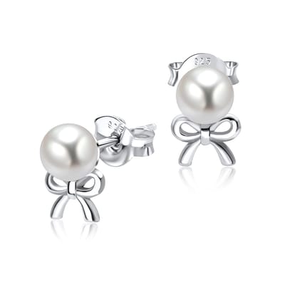 Joy|S - Zilveren parel oorbellen - met strikje - 7 x 8 mm - oorknoppen