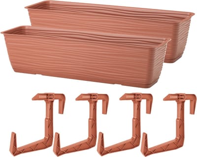 Form Plastic Balkon plantenbak Balustrade - 2x - incl ophangbeugels - kunststof - terracotta - L80 x B17 x H14