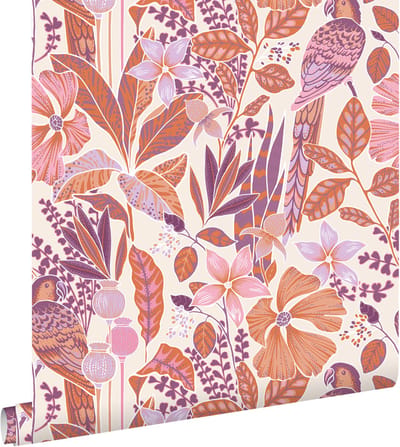 ESTAhome behang tropische bloemen en paradijsvogels oranje en paars - 50 x 900 cm - 131155