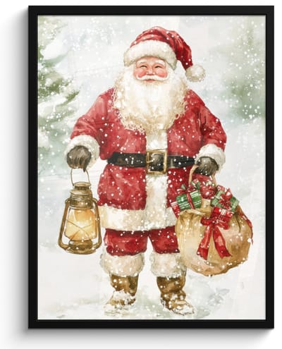 Poster in lijst - Fotolijst 60x80 cm - Posters - Kerstman- Winter - Sneeuw - Wit - Rood - Posterlijst zwart - Decoratie - Wanddecoratie woonkamer - Muurdecoratie slaapkamer - Kerstversiering - Kerstdecoratie voor binnen - Kerstmis