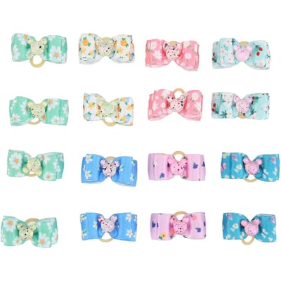 16 Pièces Nœuds pour Cheveux de Chien Motif Floral Multicolore 2 Couches Papillon Nœud pour Cheveux d'Animal de Compagnie avec Élastiques white