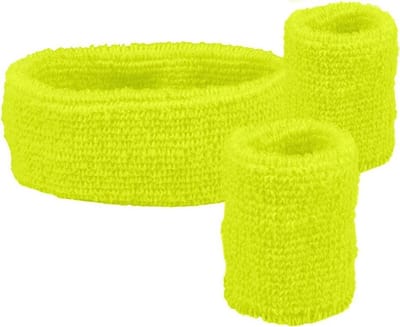 4 Sets zweetbandjes - 2 polsbandjes, 1 hoofdband - neon geel - Festival - Beach party - fout feest
