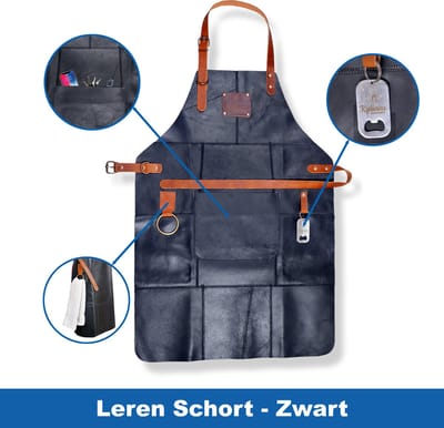 Leren Schort Zwart 81 x 56 cm - Barbecue Schort Man BBQ Schort Lederen Schort - met Flesopener en Groot vak