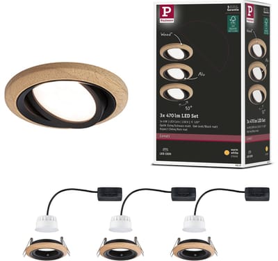 LED-inbouwlamp Lanati Set van 3 rond 84 mm 30° Coin 3x6W 3x470lm 230V 2700K Geoliede eikenkleur, Zwart mat