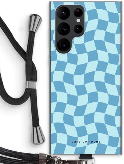 Case Company® - Hoesje met koord geschikt voor Samsung Galaxy S22 Ultra hoesje met Koord - Grid Blauw - Telefoonhoesje met Zwart Koord - Bescherming aan alle Kanten en Over de Schermrand