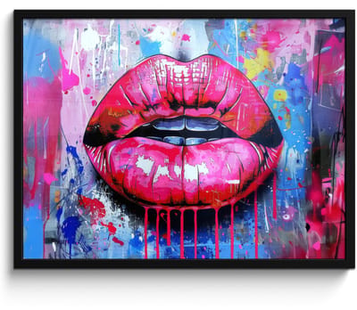 Poster in lijst - Fotolijst 70x50 cm - Posters - Graffiti - Lippen - Felroze - Geschilderd - Posterlijst zwart - Decoratie - Wanddecoratie woonkamer - Muurdecoratie slaapkamer