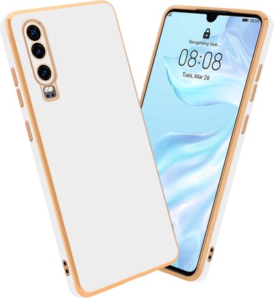 Cadorabo Hoesje geschikt voor Huawei P30 in Glossy Wit - Goud - Beschermhoes Case Cover van flexibel TPU-silicone en met camerabescherming