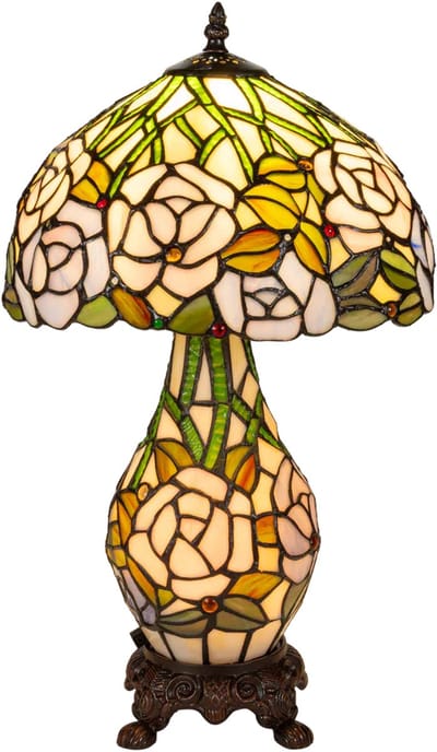 Tiffany tafellamp roos - Meerkleurig - Ø 30 cm - Glas in lood - Warm licht - Verlichte voet - Bloemen | RORUVERA
