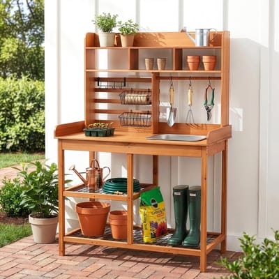 Pottafel van Scandinavische grove grenen met schuiftafelblad, afneembare gootsteen, werkstation voor buitenterras, gazon, houten tuinwerkplek