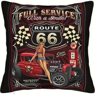 Vintage Auto Kussensloop, Route 66 Poster Ontwerp voor Retro Woondecoratie, Zachte Katoenen Kussenhoes met Klassieke Auto Stijl 50x50cm