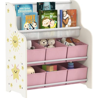 Aiyaplay kinderspeelgoedplank, met 6 verwijderbare niet-geweven stoffen dozen, speelgoedorganizer met 2 planken, voor kinderkamer, speelkamer, kinderkamer, 63X30X71 cm