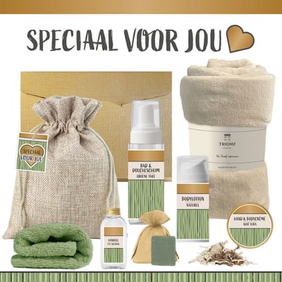 Geschenkset “Speciaal voor jou!” - 7 producten - 1080 gram | Giftset voor haar - Luxe Wellness Pakket Cadeaupakket Vrouw Vriendin Valentijn Liefste Moeder Moederdag Bedankt Cadeau Verjaardag Kerstpakket Kerstcadeau Kerst Pakket Gift Set Goud Groen