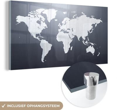 ® Glasschilderij 160x80 cm - Schilderij acrylglas - Wereldkaart - Simpel - Zwart - Wit - Foto op glas - Muurdecoratie woonkamer - Wanddecoratie slaapkamer - Schilderijen