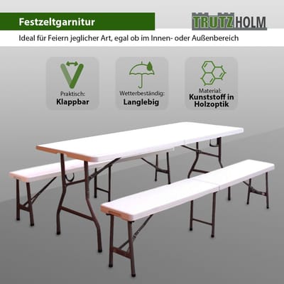 TRUTZHOLM - Biertentset 3-delig - 180 x 75 cm - Opvouwbaar - Wit - Inclusief Tafel en 2 Banken - HDPE Kunststof