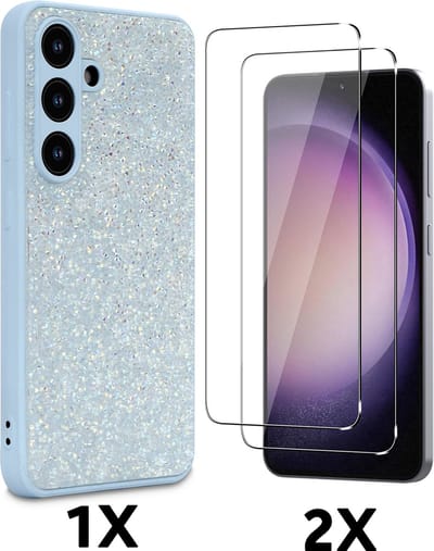 Casemania Hoesje & Glas Geschikt voor Samsung Galaxy S25 - Blauw - Diamant Glitter Back Cover & 2x Glazen Screenprotector