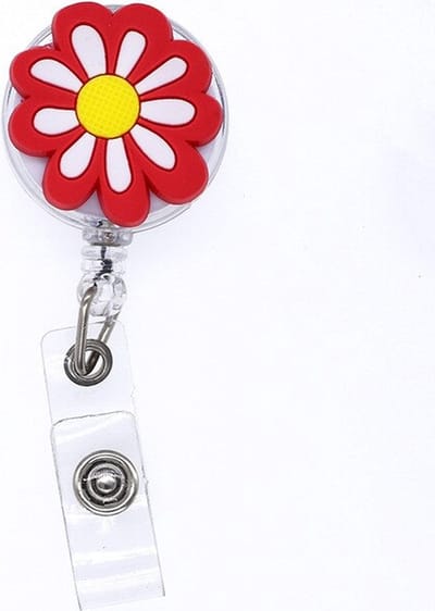 Badgehouder met trekkoord 60 cm - clip - afrolmechanisme - bloem - roze
