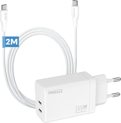 Phreeze usb C oplader 65w met usb C kabel - 2 meter - Fast charger met 2 usb C poorten - 65 watt power adapter voor laptop en telefoon