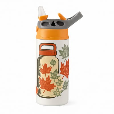 Stijlvolle Aquarel Pastel Drinkfles – Vrolijke Waterfles voor Kunstzinnige Liefhebbers - Waterfles voor kinderen (wit/oranje)