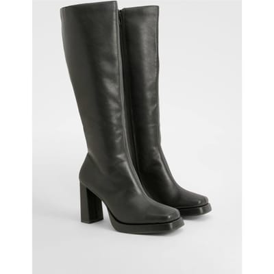 boohoo Dames Blockhakken Platform Kniehoge Laarzen | Black | Maat: 6