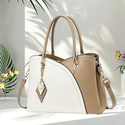 REDOM Damestas 28x12x21 cm - PU Leer - Elegant Geruit Design - Voor Dagelijks Gebruik en Werk - Wit-Khaki