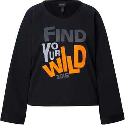 Ulla Popken - Dames - Sweatshirt tekstmotief rolranden ronde hals lange mouw - Zwart - Maat 42+