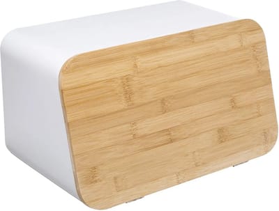 5Five - Broodtrommel met deksel - Wit Metaal/bamboe - 37 x 22 x 23 cm