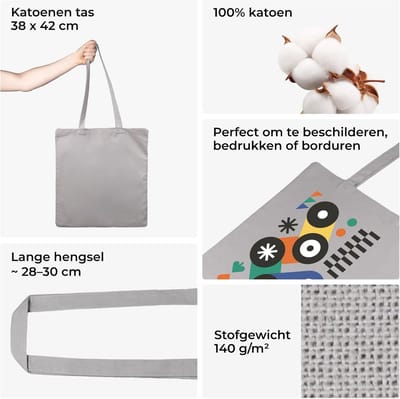 Katoenen Draagtas 38x42 cm - Duurzame Herbruikbare Boodschappentas met Lange Hengsels