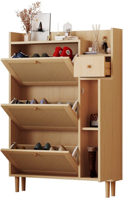 Schoenenkast - Hout met 3 klapdeuren & lade - 90x125x17 cm