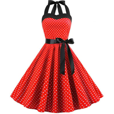 Dames Midi Jurk Halter Nek Vetersluiting Strak Hoge Taille Strik Decor Mouwloos A-lijn Losse Zoom Stippenprint Retro 50s 60s Dame Backles S red