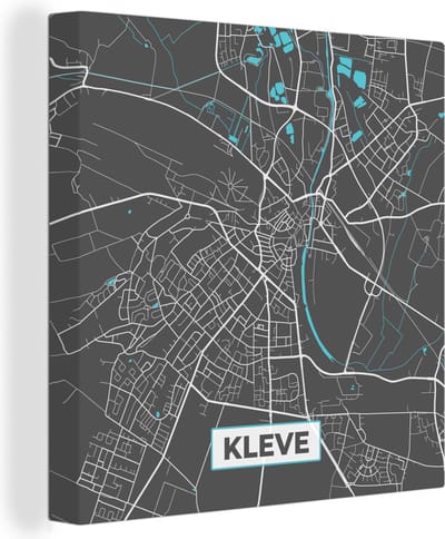 Canvas Schilderij Plattegrond – Kleve – Blauw – Stadskaart – Kaart - Duitsland - 20x20 cm - Wanddecoratie