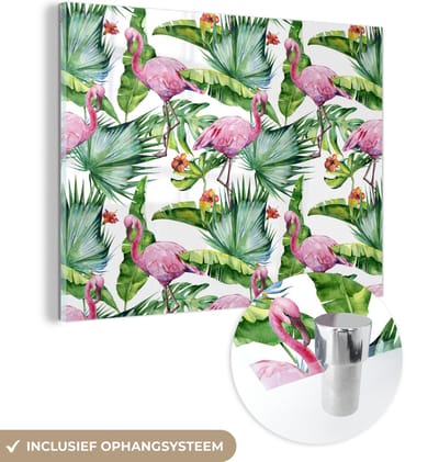 MuchoWow® Glasschilderij 120x90 cm - Schilderij acrylglas - Bladeren - Flamingo - Bloemen - Jungle - Foto op glas - Schilderijen