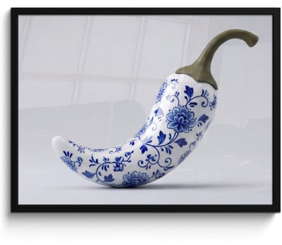 Poster in lijst - Fotolijst 80x60 cm - Posters - Chilipeper - Keramiek - Blauw - Posterlijst zwart - Decoratie - Wanddecoratie woonkamer - Muurdecoratie slaapkamer
