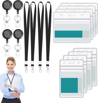 Set van 8 Transparante Kaart Houder met 4 Uittrekbare Badge Clips en 4 Lanyards - Waterdichte PVC ID Kaart Bescherming voor Werk, School en Evenementen