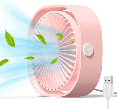 Mini USB-bureauventilator, stil en draagbaar, werkt alleen via USB (geen batterij nodig), 3 snelheidsstanden, 360° draaibaar voor thuis en op reis, roze