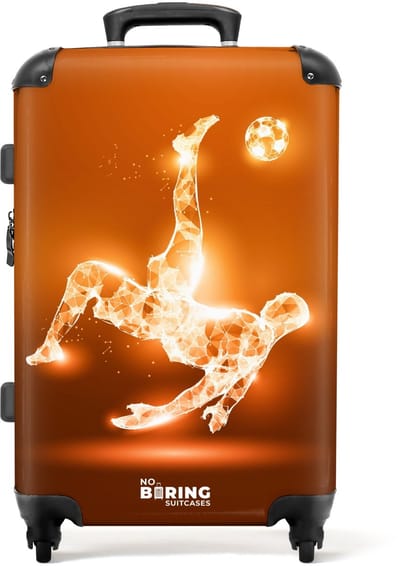 NoBoringSuitcases.com® - Kinderkoffer jongen - Kindertrolley jongens - Oranje lichtvoetballer in zweefmoment - Koffer kind groot - Rolkoffer lichtgewicht - Reiskoffer met 4 wielen - Grote trolley XL - 20 kg bagage