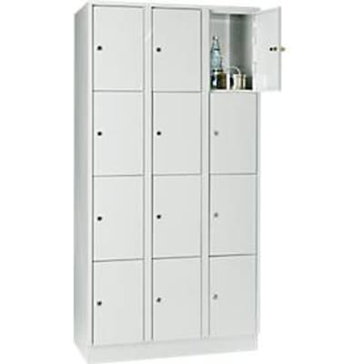 Vakkenkast 300 mm, 3 compartimenten, 12 vakken, veiligheidscilinderslot, sokkel, lichtgrijs