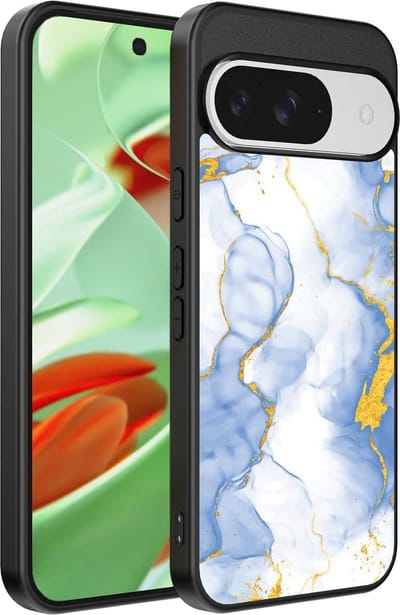 Geschikt voor Google Pixel 9 Pro Telefoonhoesje met Lichtblauw Goud Marmer Opdruk - TPU Backcover Case Lightblue Gold Marble Design - Smartphonica geschikt voor Google Pixel 9 Pro