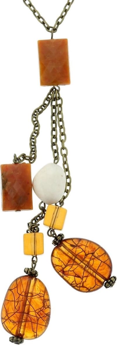 Behave - Lange antiek goudkleurige ketting met bruine kralen en lange hanger, 62 cm