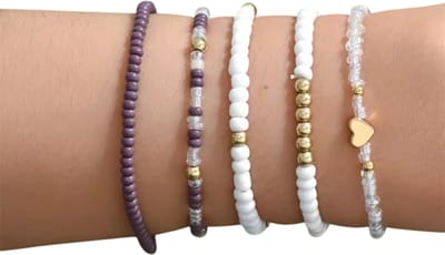 4-delige Dames Armbanden Set – Zirkonia & Metalen Ketting – Modieuze Accessoires voor Feest, Party & Dagelijks Gebruik - Paars en Wit