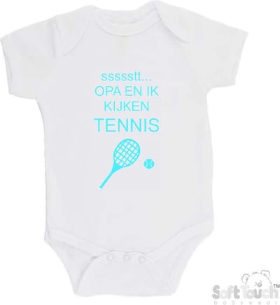 100% katoenen Romper "ssssstt... Opa en ik kijken tennis" Unisex Katoen Wit/aquablauw Maat 56/62