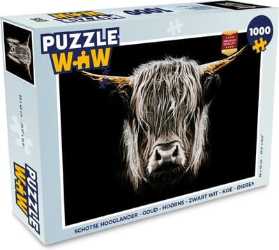 Puzzel Schotse hooglander - Goud - Hoorns - Zwart wit - Koe - Dieren - Legpuzzel - Puzzel 1000 stukjes volwassenen
