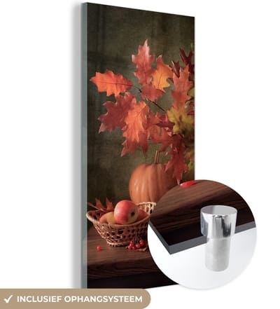 MuchoWow® Glasschilderij 40x80 cm - Schilderij acrylglas - Stilleven - Pompoen - Bladeren - Appel - Kersen - Herfst - Foto op glas - Muurdecoratie woonkamer - Wanddecoratie slaapkamer - Schilderijen