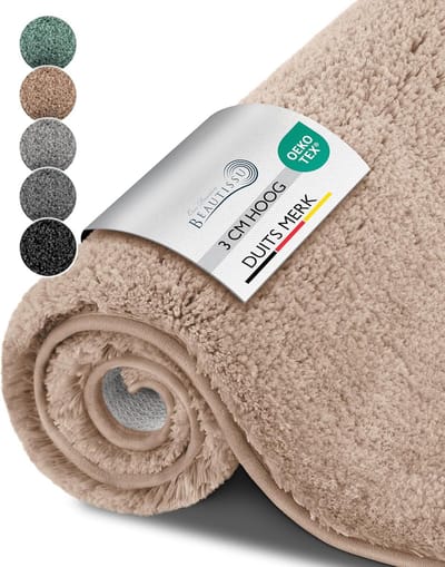 Badmat Antislip 120x70 cm - Hoogpolig Tapijt in Shaggy Look geschikt voor Vloerverwarming - Zachte Microvezel Badmat voor Douche Badkuip en WC - Beige